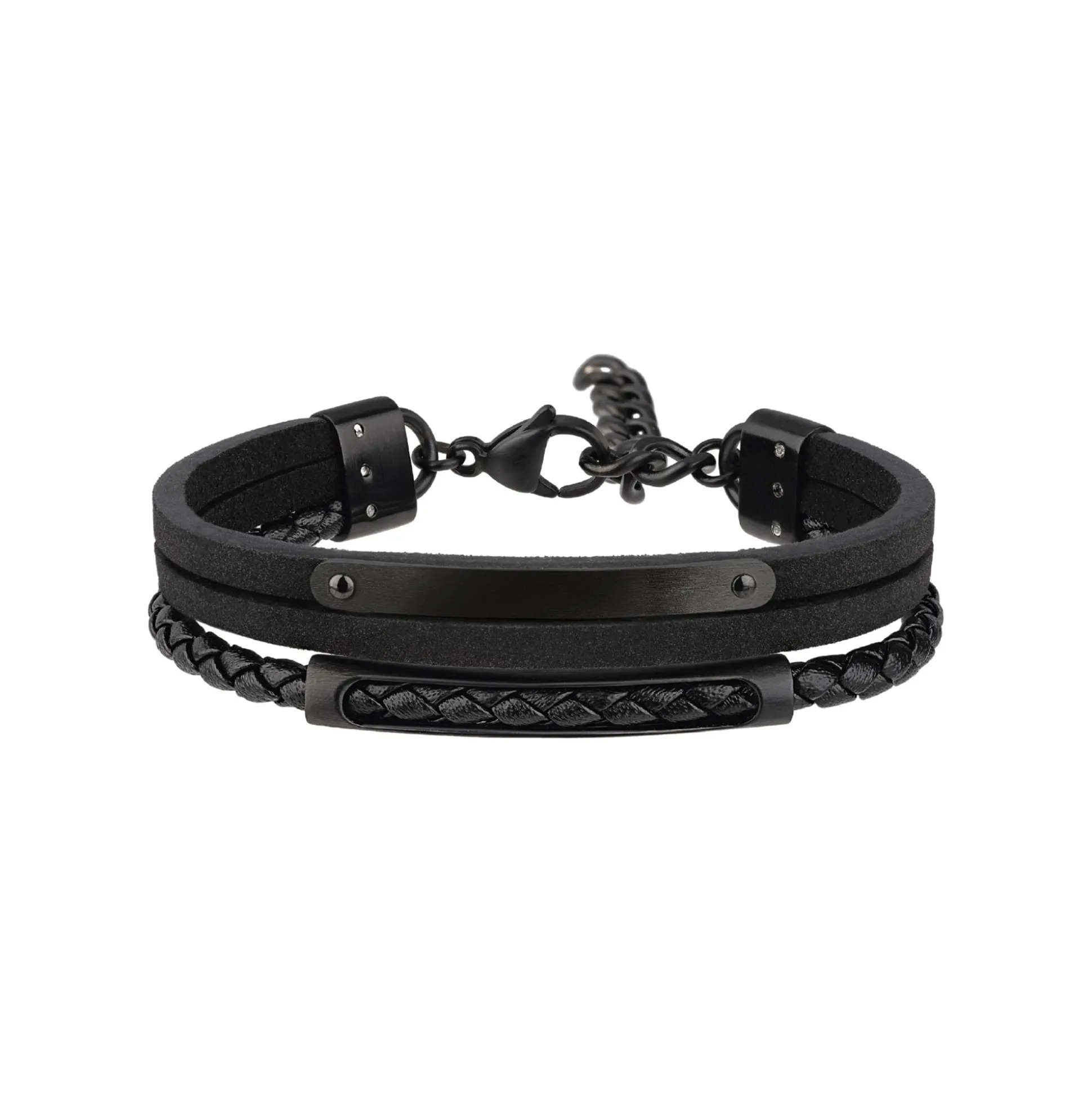 B MIX-BLACK LEATHER AND STEEL BRACELET