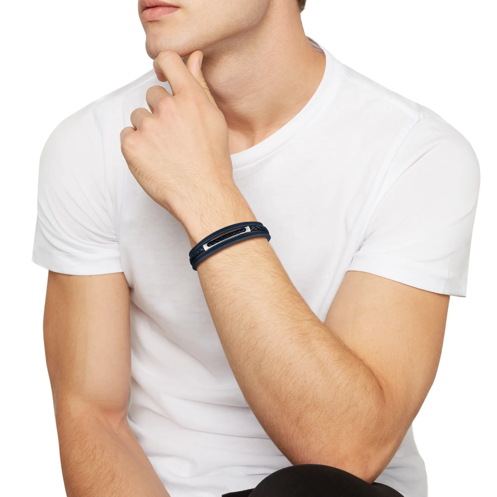 B MIX-BLUE LEATHER AND STEEL BRACELET
