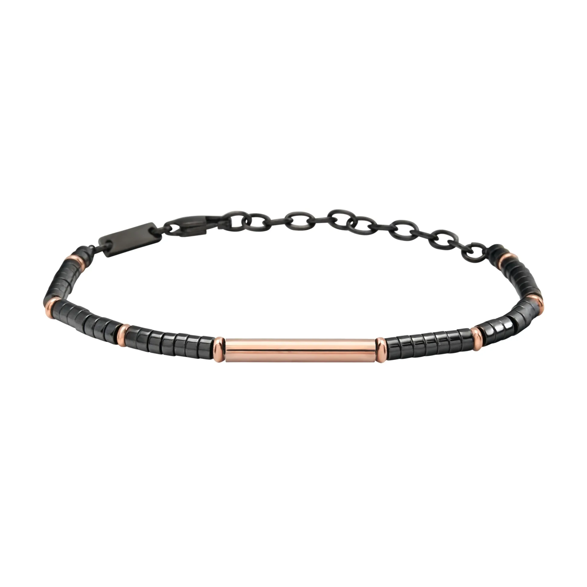 B ROCKS-ROSE GOLD COLORED STEEL AND HEMATITE BRACELET
