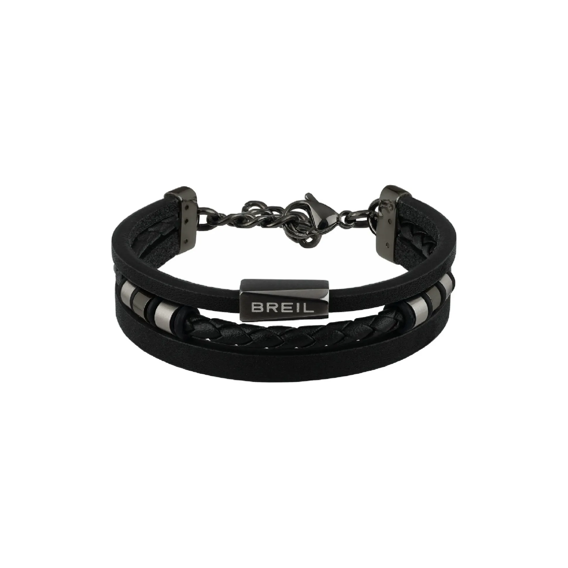OUTER-BRACELET IN BLACK LEATHER AND STAINLESS STEEL DETAILS