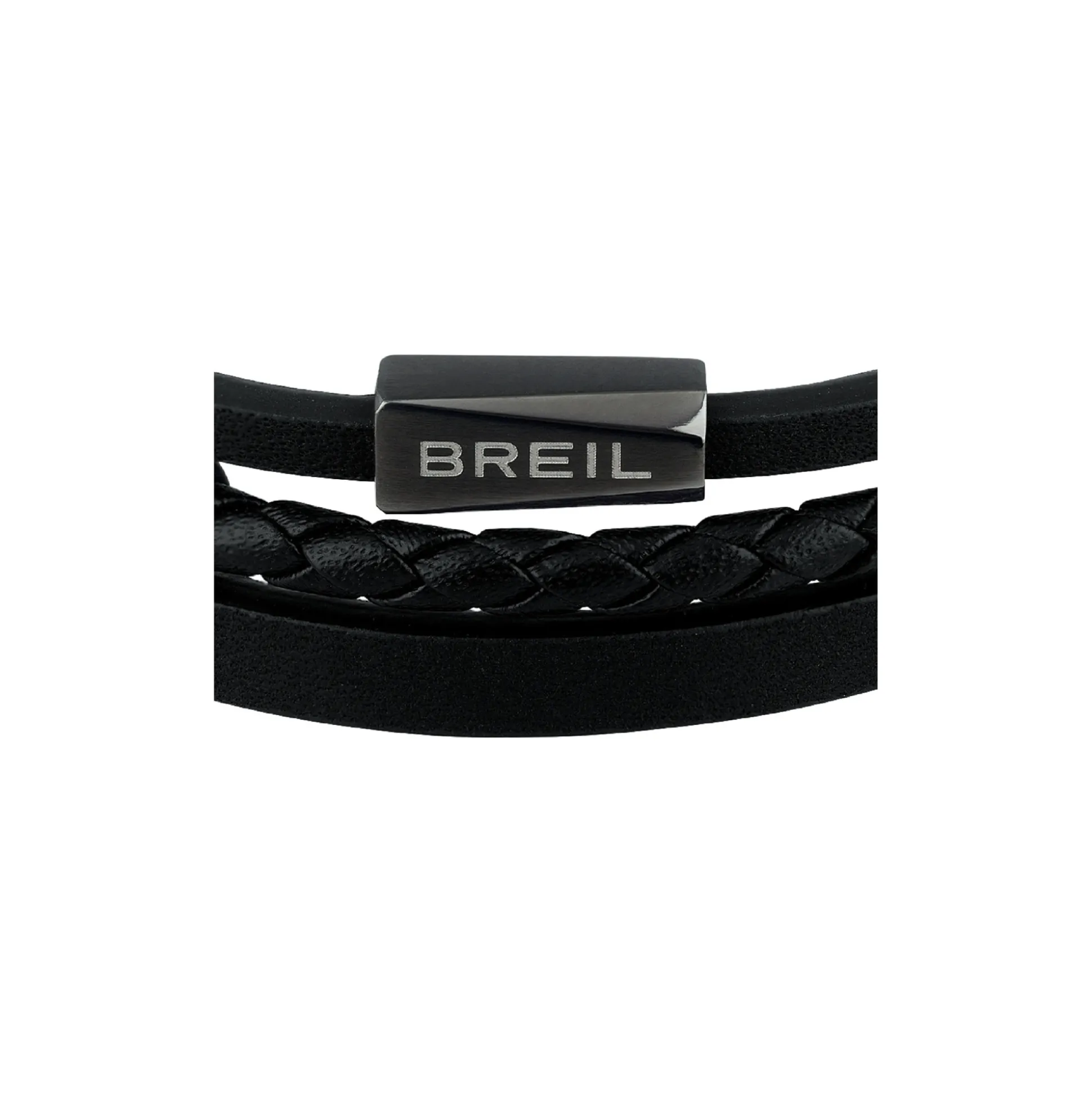 OUTER-BRACELET IN BLACK LEATHER AND STAINLESS STEEL DETAILS