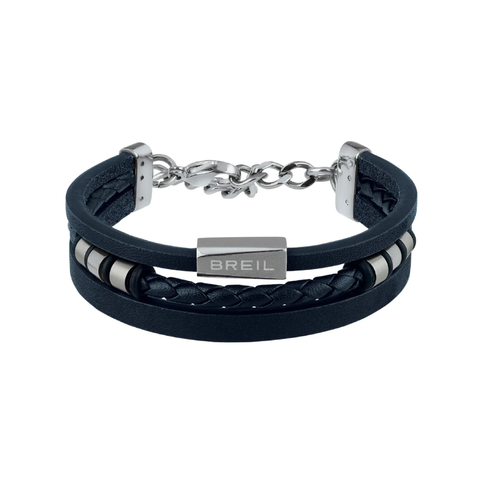 OUTER-BRACELET IN BLUE LEATHER AND STAINLESS STEEL DETAILS