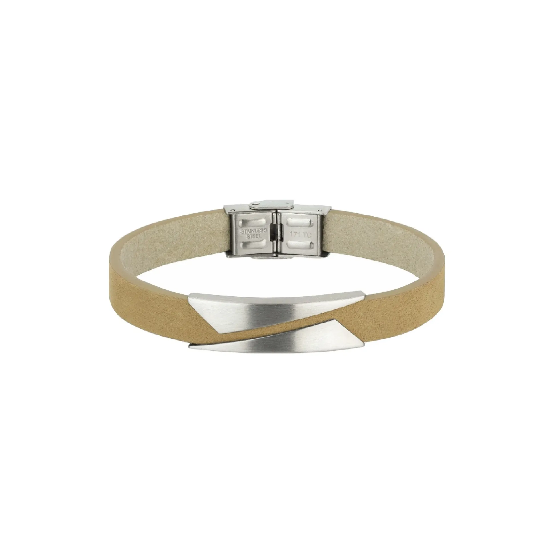 REBEL-POLISHED STEEL AND BEIGE LEATHER BRACELET