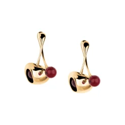 RED-IP YELLOW GOLD POLISH STAINLESS STEEL EARRINGS WITH DOUBLE ELEMENT AND SYNTHETIC RUBY