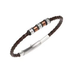 WANDERLUST-BRACELET IN STEEL AND BROWN VOWEN LEATHER