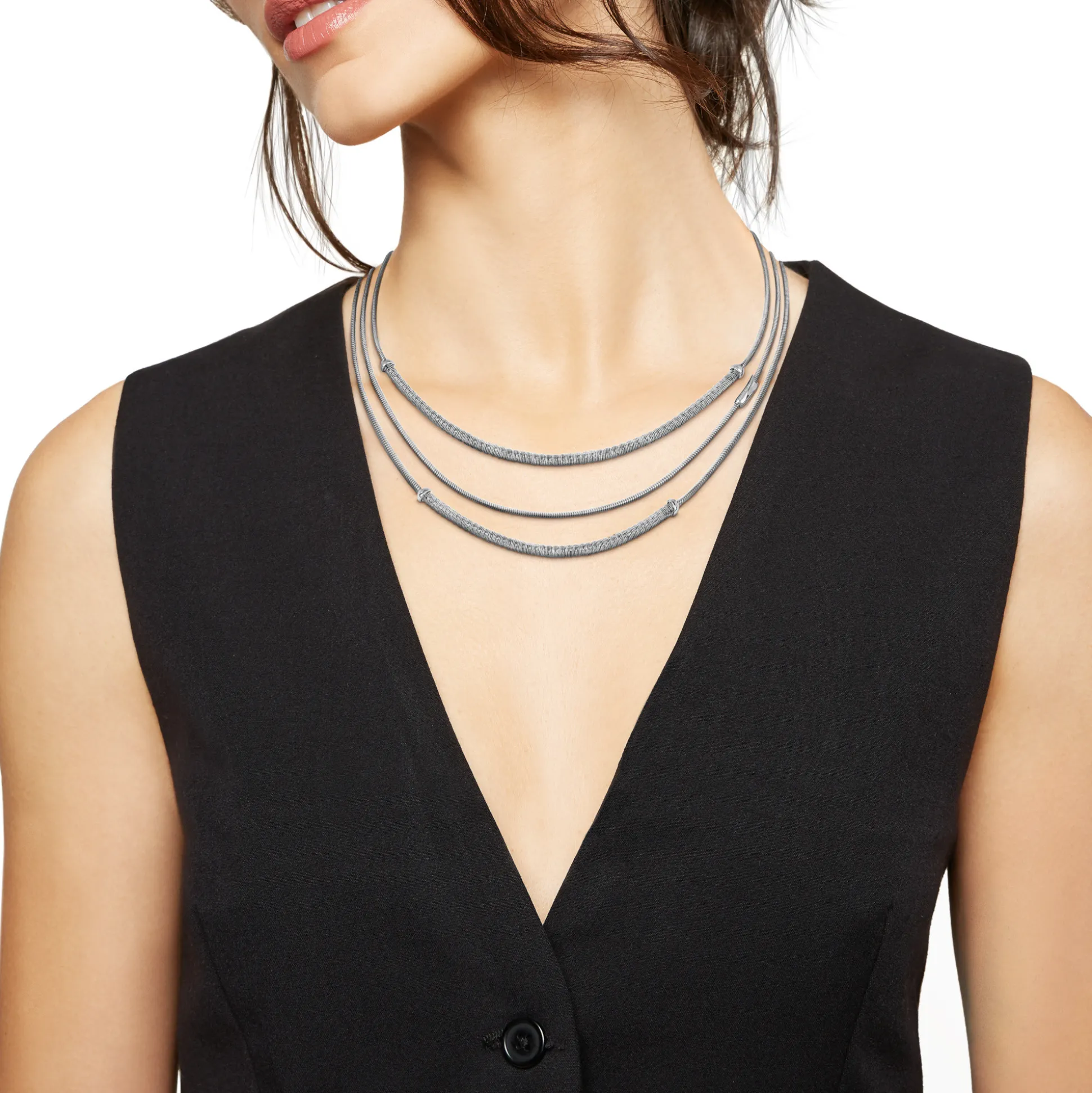 WRAP-POLISHED STEEL MULTI-TURN NECKLACE